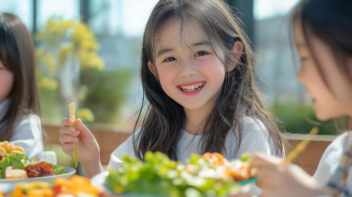 急速拡大装置で歯並びが良くなり笑顔で食事をする子供